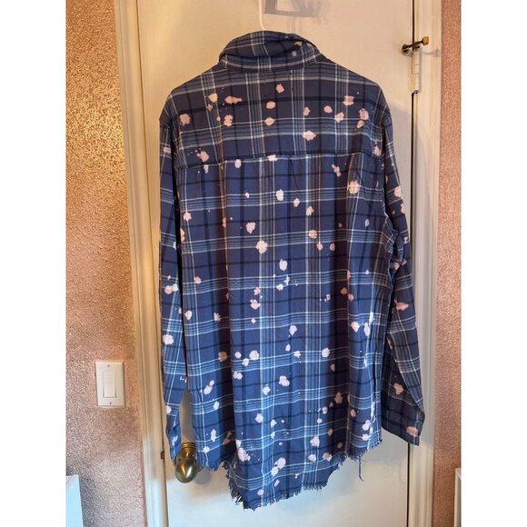 Blue Plaid Button-Up Shirt With Distressed Hem & Bleach Splatter - Picture 5 of 5